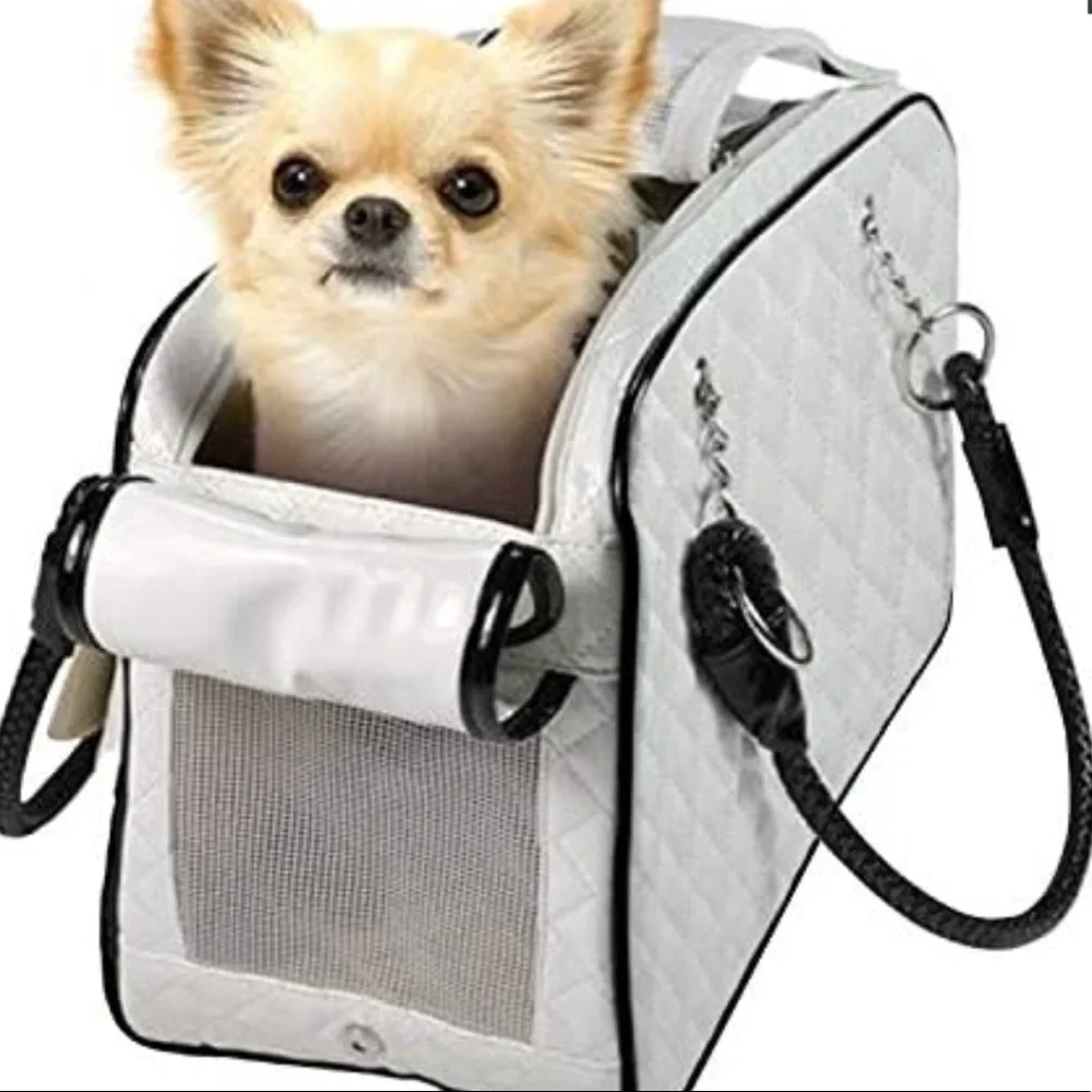 Faux patent leather quilted pet carrier